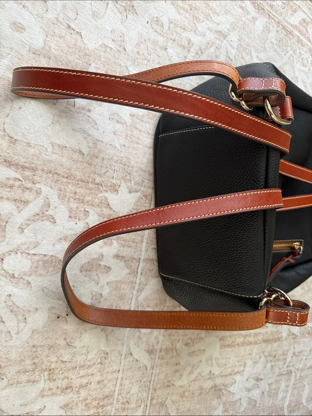 Dooney & Bourke Black Pebbled Leather Shoulder Bag with Brown Trim